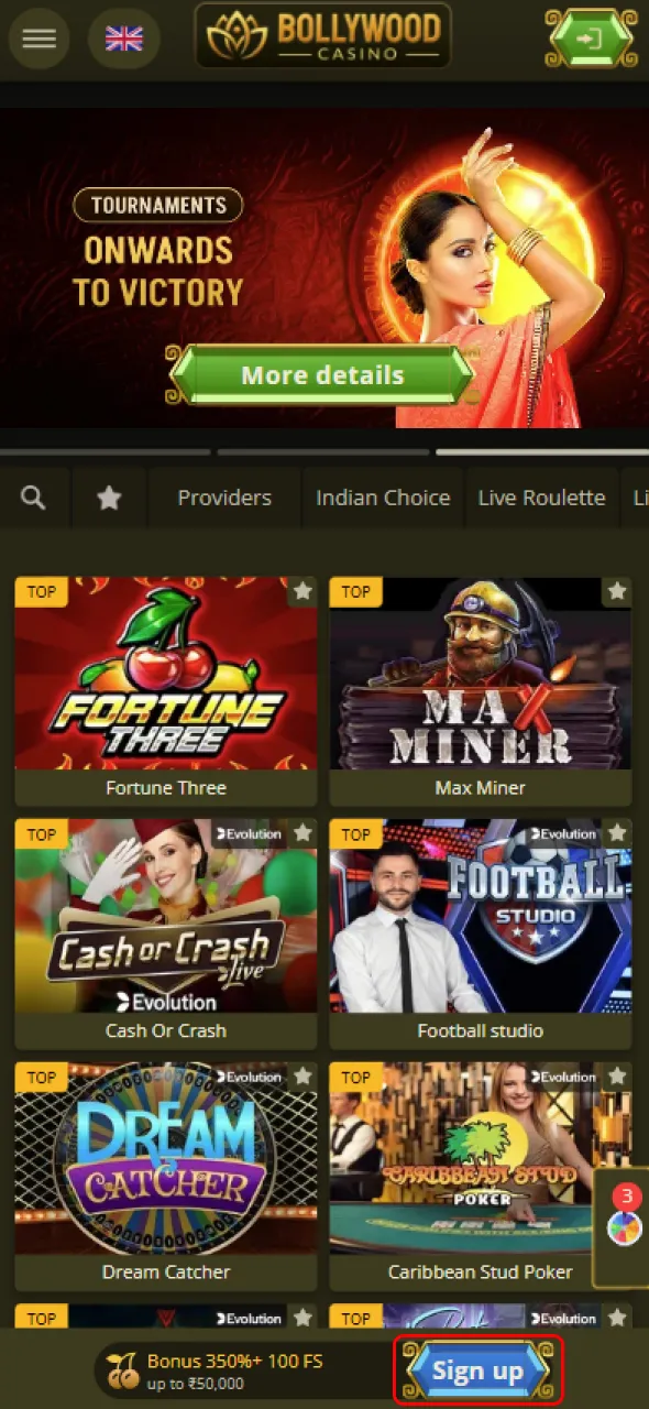 Press registering button on the BollywoodCasino website.