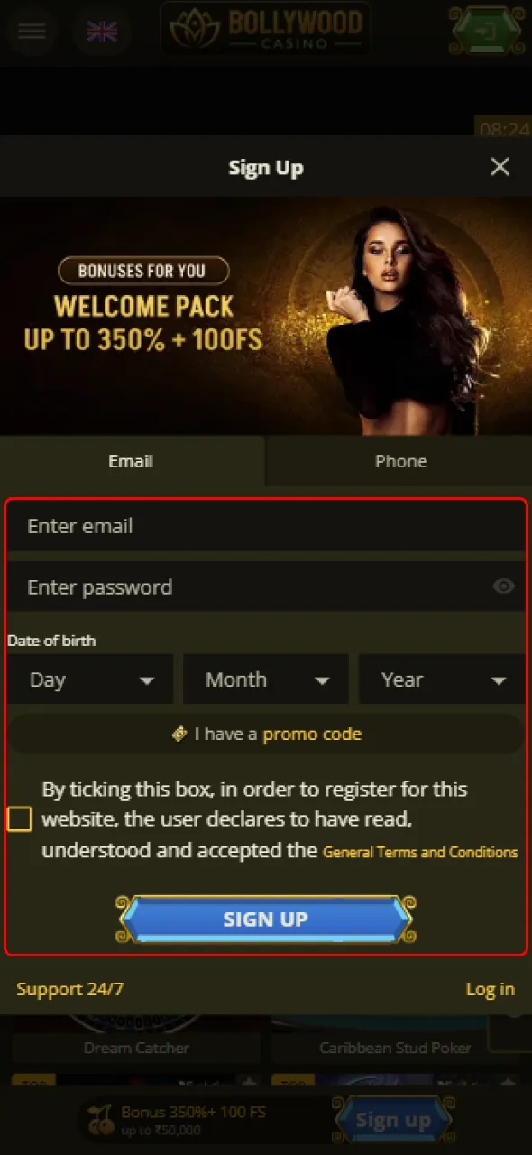 Enter details to complete registration with the BollywoodCasino platform.
