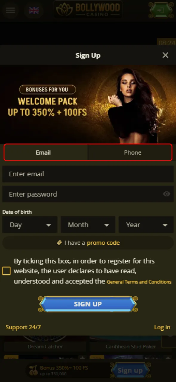 Select the most suitable method for registering on the BollywoodCasino platform.